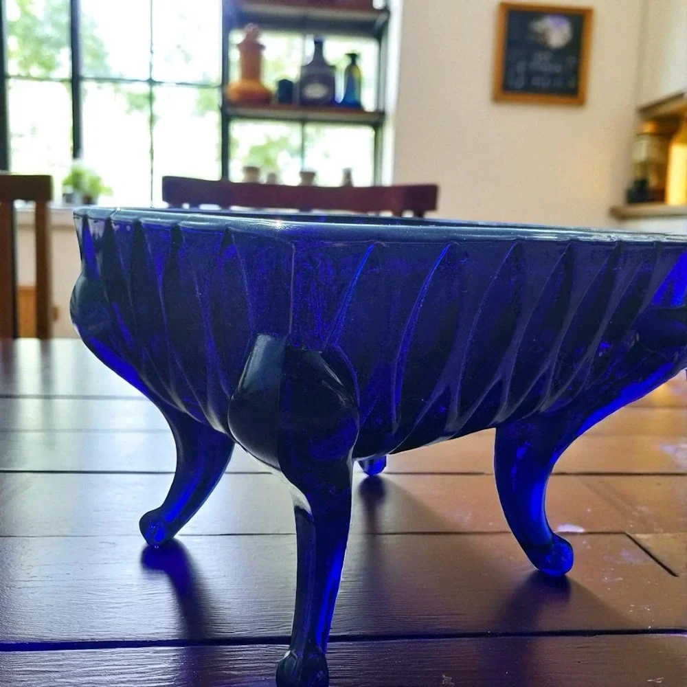 Vintage Indiana Glass Cobalt Blue Footed Trinket Box Candy Dish Cut Glass